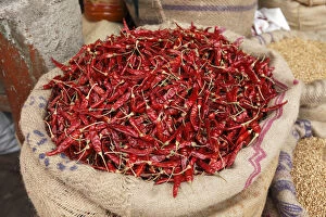 Bag filled with chili peppers, Devaraja Market, Mysore, Karnataka, South India, India, South Asia, Asia