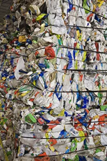 Bales of recyclable plastic containers at a sorting centre, Quebec, Canada Bales of recyclable plastic containers at a sorting centre, Quebec, Canada