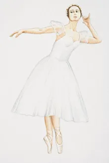 Ballerina in white calf-length dress dancing on pointes, front view Ballerina in white calf-length dress dancing on pointes, front view