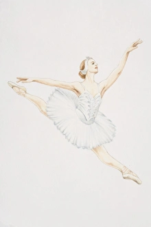 Ballerina in white tutu leaping forward, straight legs up in the air Ballerina in white tutu leaping forward, straight legs up in the air