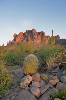 Barrel Cactus in front of Superstition Mountains, Lost Dutchman State Park, Arizona, USA Barrel Cactus in front of Superstition Mountains, Lost Dutchman State Park, Arizona, USA