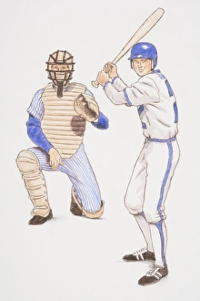 Baseball batter and backstop poised in their playing positions, front view Baseball batter and backstop poised in their playing positions, front view