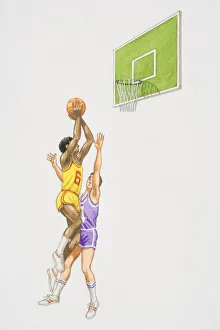 Two basketball players jumping up in the air near basket, one of them throwing the ball Two basketball players jumping up in the air near basket, one of them throwing the ball