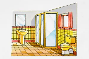 Bathroom with shower and red and yellow tiles Bathroom with shower and red and yellow tiles