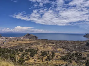 The bay and the town of Copacabana, Lake Titicaca, Bolivian plateau Altiplano, Laz Paz The bay and the town of Copacabana, Lake Titicaca, Bolivian plateau Altiplano, Laz Paz