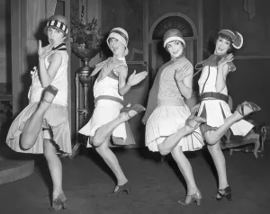 Prints of London, England: Photo of four women doing the Charleston in the London Stage Review. Ca. 1920s Dance Prints: 1920s London Print: Four Dancers Doing the Charleston