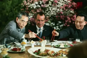 Nixon with Zhou and Chang at Farewell Banquet Print