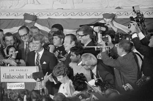 Politician Prints: Robert Kennedy Surrounded at Podium Print, June 1968
