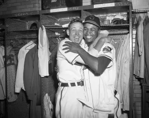 Prints of Happy Twosome. Cleveland Indians Steve Gromek and Larry Doby hugging after winning game four of the World Series. Cleveland went on to win the series in six games United Kingdom Prints: Cleveland Indians World Series Victory Print