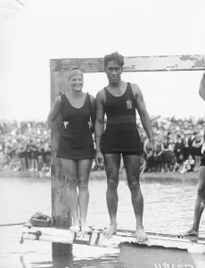 Vintage Swimwear Models Prints: Swimmers Ethelda Bleibtrey and Duke Kahanamoku