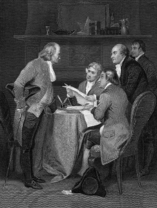 Prints of (Original Caption). The committee, Benjamin Franklin, Thomas Jefferson, John Adams, Robert Livingston, and Roger Sherman, shown drafting the Declaration fo Independence, in an undated engraving Benjamin Franklin Prints: The Committee Drafting Declaration of Independence Print