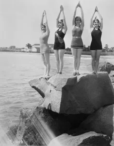 Vintage Swimwear Models Prints: Women Holding up Their Arms in Diving Form