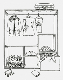 Black and white digital illustration of clothing and shoes in wardrobe and suitcase on top Black and white digital illustration of clothing and shoes in wardrobe and suitcase on top