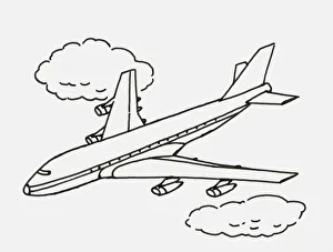 Black and white digital illustration of commercial aircraft above the clouds Black and white digital illustration of commercial aircraft above the clouds