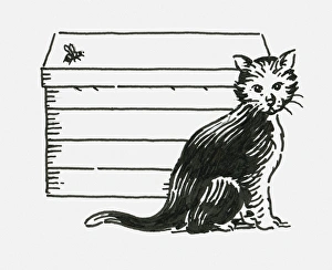 Black and white digital illustration of inquisitive kitten sitting near honeybee flying above beehiv Black and white digital illustration of inquisitive kitten sitting near honeybee flying above beehiv