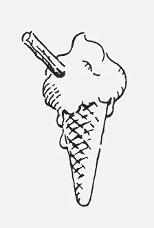 Black and white digital illustration of melting ice cream cone with chocolate flake Black and white digital illustration of melting ice cream cone with chocolate flake