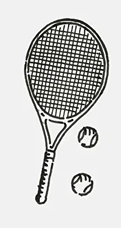 Black and white digital illustration of tennis racquet and two tennis balls Black and white digital illustration of tennis racquet and two tennis balls