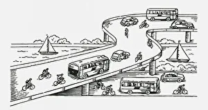 Black and white digital illustration of traffic on bridge above road and river Black and white digital illustration of traffic on bridge above road and river