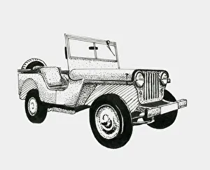 Black and white illustration of 1950s jeep Black and white illustration of 1950s jeep