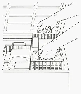 Black and white illustration of adding storage to freezer Black and white illustration of adding storage to freezer