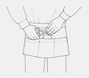 Black and white illustration of an apron with pockets, holding small items like scissors Black and white illustration of an apron with pockets, holding small items like scissors