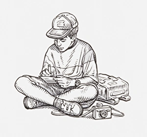 Black and white illustration of a boy sitting cross-legged on the floor and making notes Black and white illustration of a boy sitting cross-legged on the floor and making notes