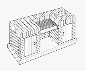 Black and white illustration of brick built barbecue with grill and storage cupboards Black and white illustration of brick built barbecue with grill and storage cupboards