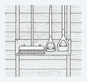 Black and white illustration of broom and hoes hanging on tool rack in shed Black and white illustration of broom and hoes hanging on tool rack in shed