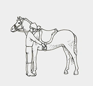 Black and white illustration of child preparing to get on horse Black and white illustration of child preparing to get on horse