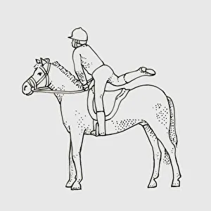 Black and white illustration of child swinging leg over back of horse Black and white illustration of child swinging leg over back of horse