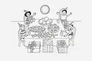 Black and white Illustration of children sitting around a table at birthday party Black and white Illustration of children sitting around a table at birthday party