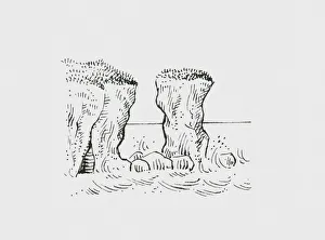 Black and white illustration of coastal stack Black and white illustration of coastal stack