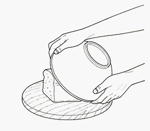 Black and white illustration of covering loaf on chopping board with bowl to retain Black and white illustration of covering loaf on chopping board with bowl to retain