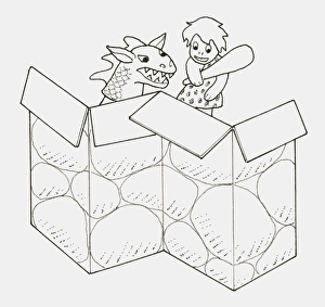 Black and white illustration of dragon and stone age girl hand puppets behind a cardboard screen Black and white illustration of dragon and stone age girl hand puppets behind a cardboard screen