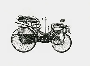 Black and white illustration of early Peugeot twin cylinder car Black and white illustration of early Peugeot twin cylinder car