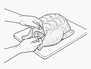Black and white illustration of flavouring raw chicken with slices of lemon positioned Black and white illustration of flavouring raw chicken with slices of lemon positioned