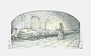 Crimean War Gallery: Black and white illustration of Florence Nightingale walking with lamp near beds of injured Soldiers