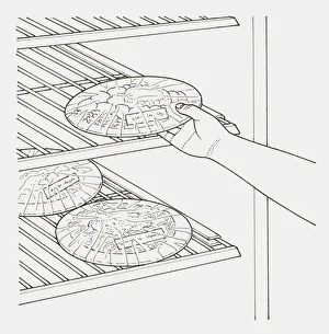 Black and white illustration of freezer being stocked with meals in single portions Black and white illustration of freezer being stocked with meals in single portions
