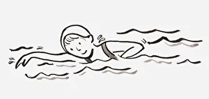 Black and white illustration of girl swimming Black and white illustration of girl swimming