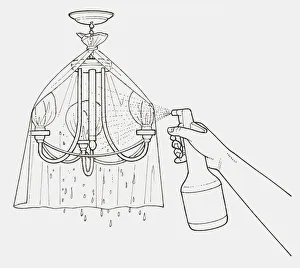 Black and white illustration of hand cleaning a chandelier with spray can, plastic bags tied over bulbs and a plastic sheet tied to the light for protection Black and white illustration of hand cleaning a chandelier with spray can, plastic bags tied over bulbs and a plastic sheet tied to the light for protection