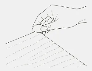 Black and white illustration of hand gluing ping-pong ball onto corner of table (protecting corners of a low table) Black and white illustration of hand gluing ping-pong ball onto corner of table (protecting corners of a low table)