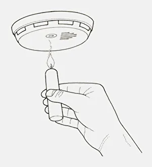Black and white illustration of a hand holding a lit candle underneath a smoke detector Black and white illustration of a hand holding a lit candle underneath a smoke detector