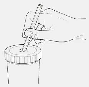 Black and white illustration of hand inserting drinking straw in lid of disposable cup Black and white illustration of hand inserting drinking straw in lid of disposable cup