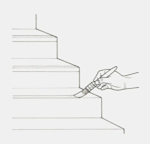 Black and white illustration of hand painting white stripes onto the edge of steps for Black and white illustration of hand painting white stripes onto the edge of steps for