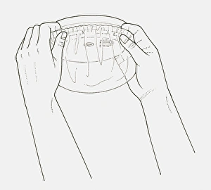 Black and white illustration of hands placing shower cap over smoke alarm, to prevent false alarm Black and white illustration of hands placing shower cap over smoke alarm, to prevent false alarm