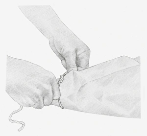 Black and white illustration of hands tying up a piece of string around dried hydrangea flower wrapped in tissue paper Black and white illustration of hands tying up a piece of string around dried hydrangea flower wrapped in tissue paper