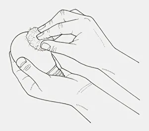 Black and white illustration of hands wiping a light bulb with cotton wool moistened with Black and white illustration of hands wiping a light bulb with cotton wool moistened with
