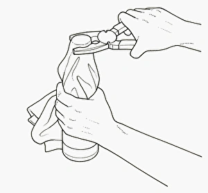 Black and white illustration of holding bottle with tea towel Black and white illustration of holding bottle with tea towel