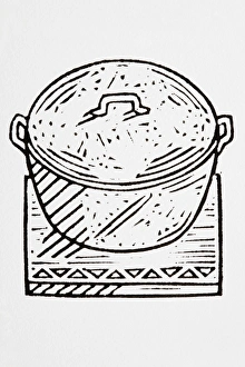 Black and white illustration of hot pot on a wooden board Black and white illustration of hot pot on a wooden board