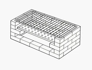 Black and white illustration of improvised barbecue grill Black and white illustration of improvised barbecue grill